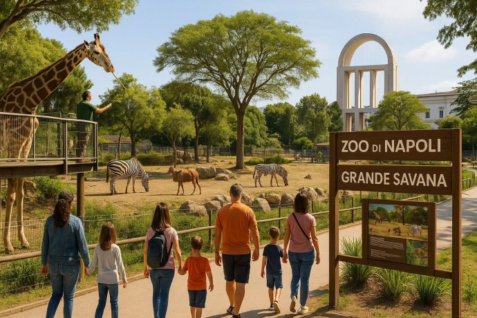 Famiglie al Zoo di Napoli guardano giraffa, zebre e antilope nella Grande Savana.