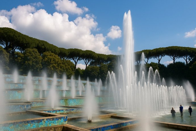 Fontane a terrazze alla Mostra d’Oltremare di Napoli, con pini sullo sfondo.