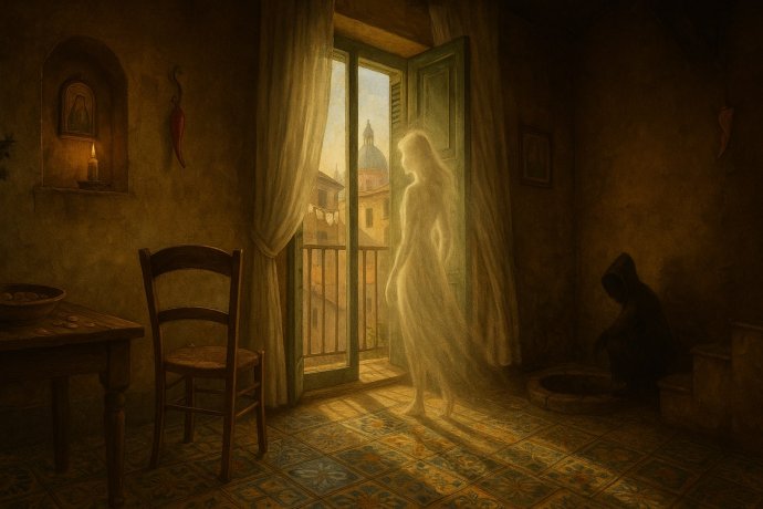 Interno napoletano: Bella ’Mbriana luminosa alla finestra e Munaciello in ombra, sedia vuota.