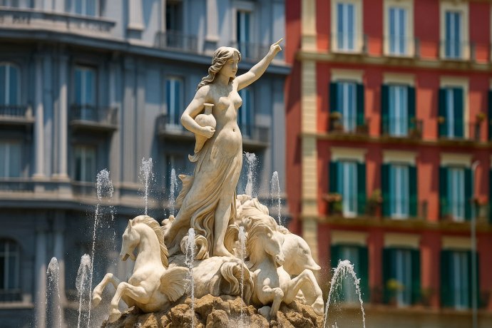 Statua di Partenope sulla fontana con cavalli marini, palazzi storici di Napoli sullo sfondo.