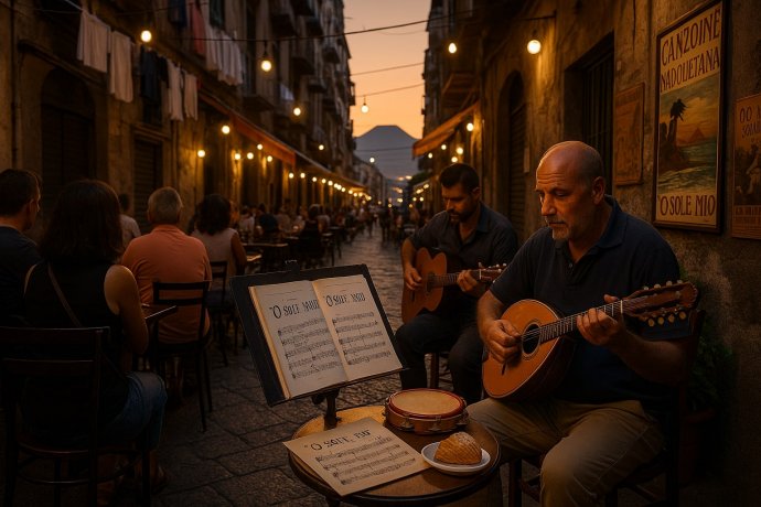 Mandolino e chitarra in un vicolo di Napoli al tramonto con pubblico, luci e Vesuvio sullo sfondo.