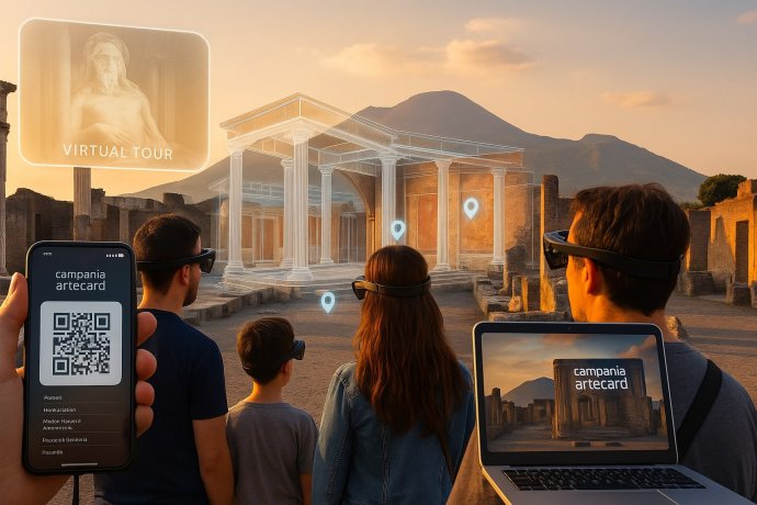Pompei in AR: visitatori con visori, tempio olografico e artecard mostrata su smartphone.