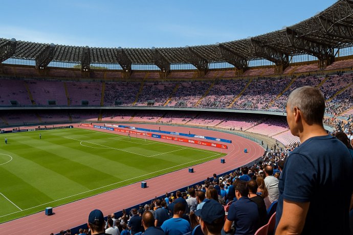 Panoramica Stadio Maradona: campo verde, pista rosa e tifosi di spalle sugli spalti.