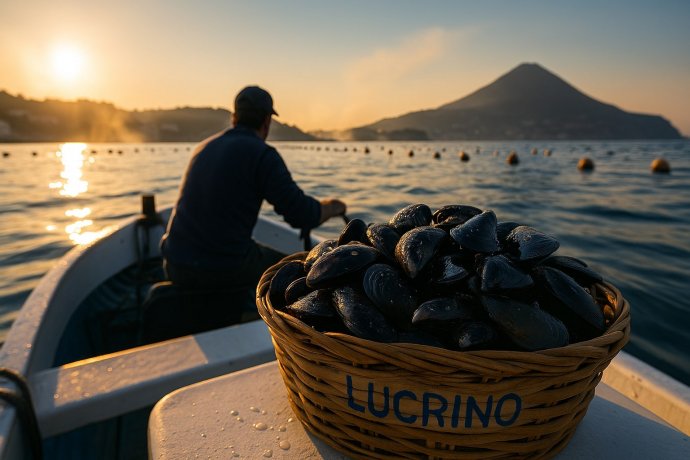 Cesta di cozze di Lucrino su barca al tramonto, pescatore e boe di allevamento nei Campi Flegrei.
