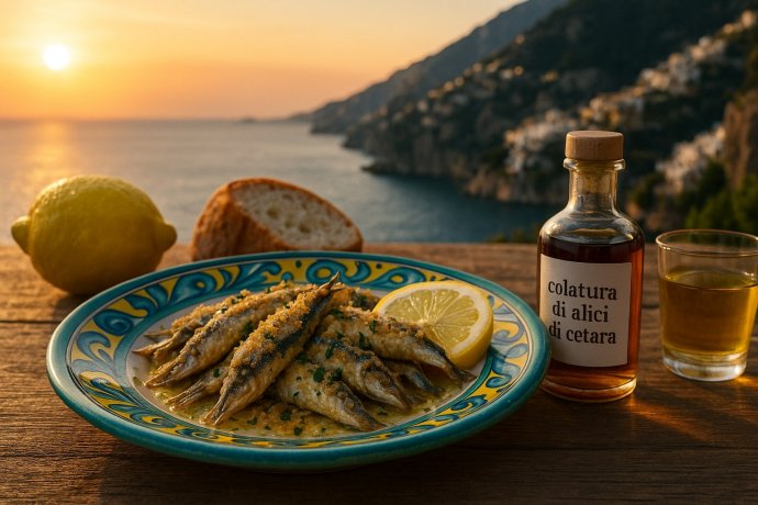 Alici all’Amalfitana su piatto vietrese, limone e bottiglia “colatura di alici di Cetara”.