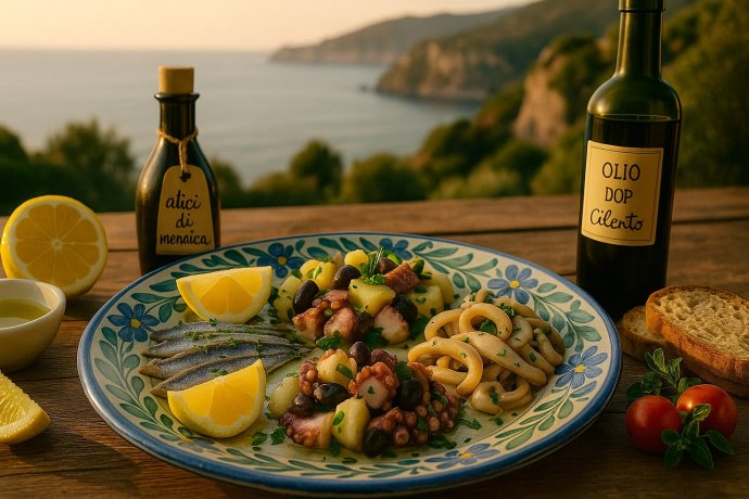 Antipasto cilentano con alici di menaica, polpo e calamari; limone e olio DOP, costa al tramonto.