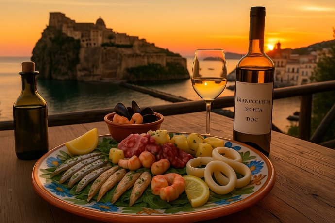 Antipasto di mare con alici e polpo; bottiglia Biancolella Ischia DOC, Castello al tramonto