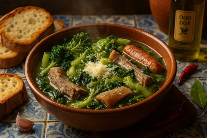 Minestra ’Mmaretata in terracotta con verdure e carni, pecorino e pane tostato su tavolo rustico.