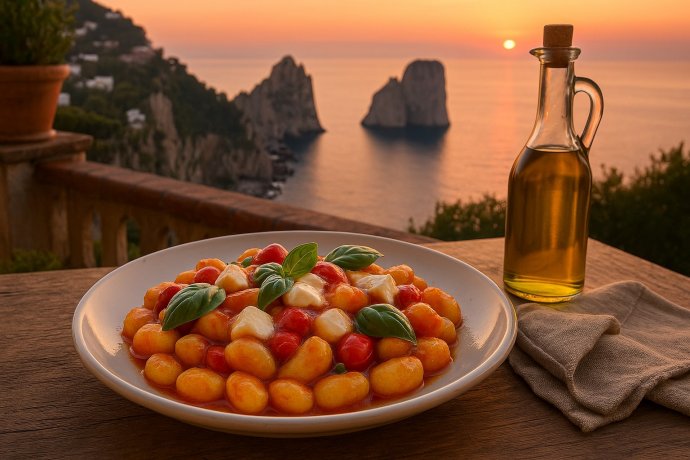 Gnocchi alla caprese con pomodorini, mozzarella e basilico, vista Faraglioni al tramonto.