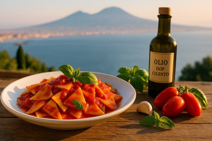 Maltagliati al pomodoro con basilico; Vesuvio e golfo di Napoli, olio DOP Cilento.