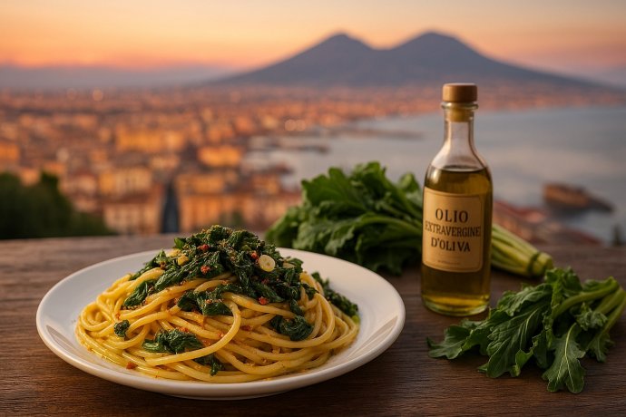 Spaghetti ai friarielli con aglio e peperoncino, Vesuvio e golfo di Napoli al tramonto.