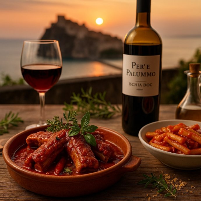 Tracchiulelle all’ischitana, ziti al ragù e bottiglia Per’ ’e Palummo; Castello al tramonto.
