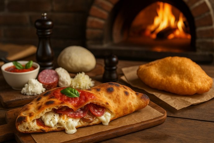 Calzone napoletano al forno tagliato, ripieno filante; pizza fritta e forno a legna sullo sfondo.