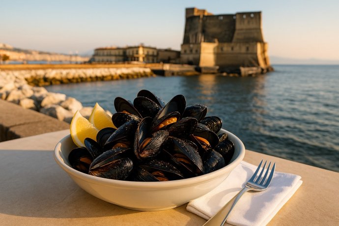 Ciotola di cozze con limone sul lungomare di Napoli, Castel dell’Ovo sullo sfondo.
