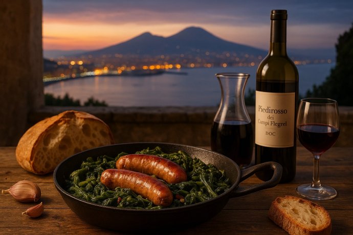 Padella con salsicce e friarielli, pane e calice di Piedirosso; Vesuvio al tramonto.
