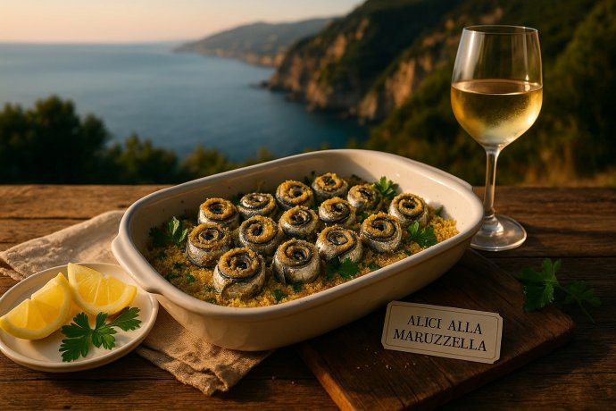Teglia di alici alla maruzzella gratinate con limone, vista costa del Cilento al tramonto.