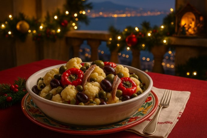 Ciotola con cavolfiore, papaccelle, olive, capperi e acciughe; luci natalizie e Napoli sullo sfondo.