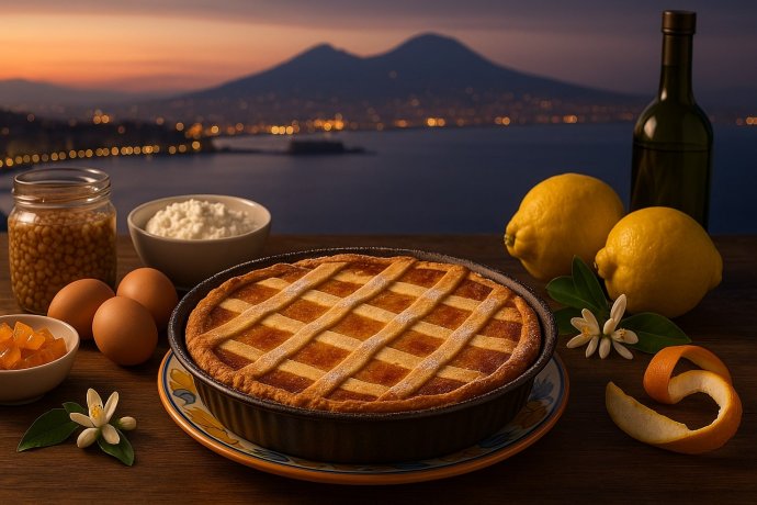 Pastiera napoletana su tavolo con ricotta, grano e limoni; Vesuvio e golfo di Napoli al tramonto.