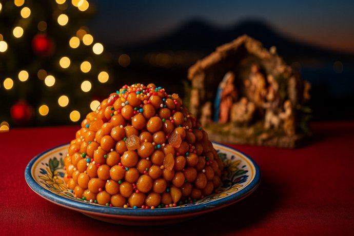 Struffoli al miele con diavulilli su piatto vietrese, atmosfera natalizia a Napoli.