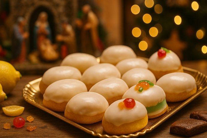 Vassoio di raffiuoli napoletani glassati al limone e cassata, tipico dolce di Natale campano