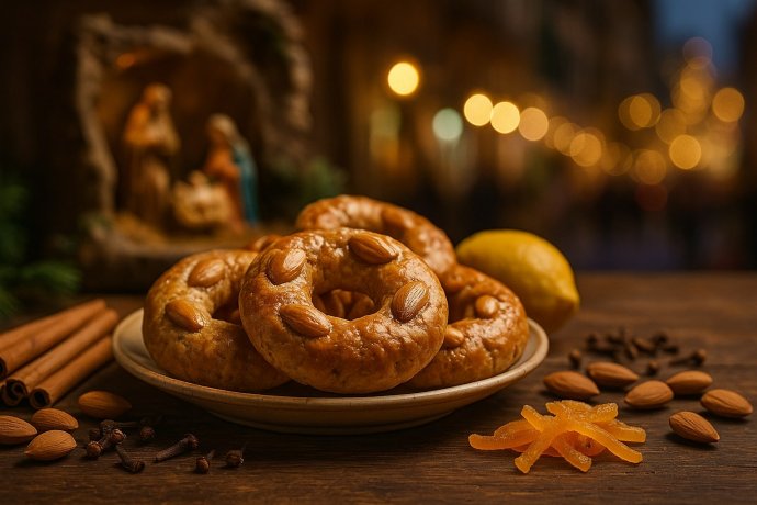 Roccocò napoletani al pisto con mandorle su piatto, biscotti di Natale tipici della Campania