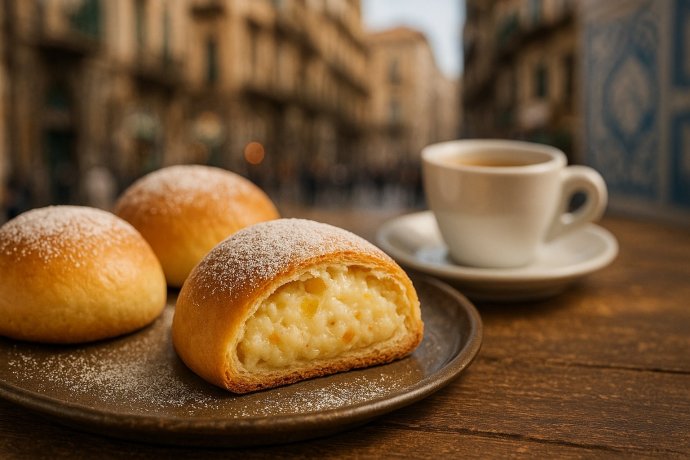 Sfogliatella frolla napoletana su piattino, spolverata di zucchero a velo, tipica di Napoli