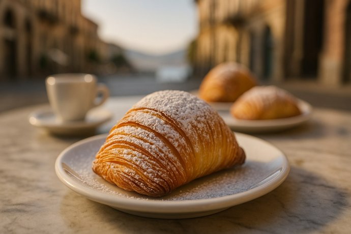 Sfogliatella riccia napoletana appena sfornata su piatto, ripieno di ricotta e canditi