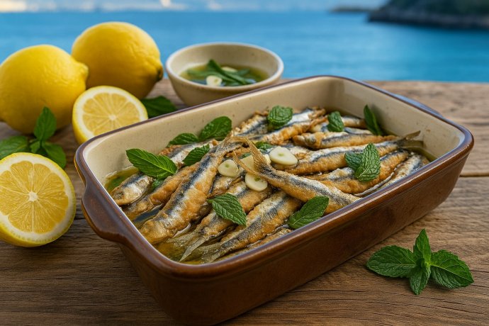 Alici alla scapece con menta e limone davanti al mare campano