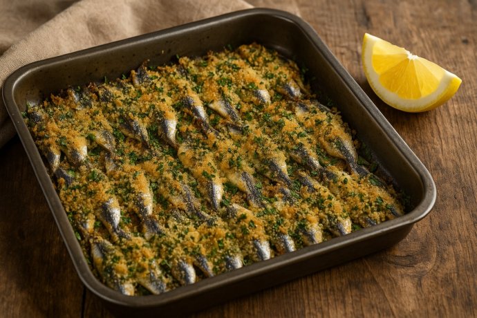 Teglia di alici in tortiera alla napoletana gratinate con pangrattato e prezzemolo