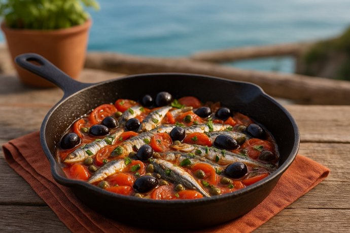 Alici alla pescatora con pomodorini, olive e capperi su tavolo vista mare in Campania