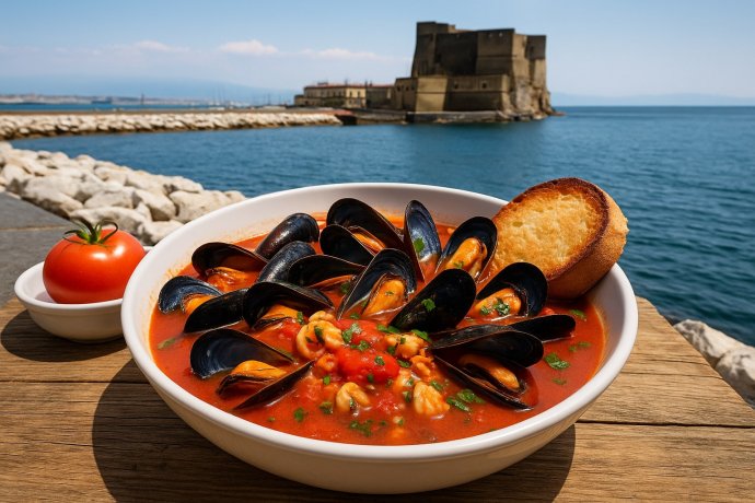 Zuppa di cozze napoletana al pomodoro con pane e Castel dell’Ovo sullo sfondo
