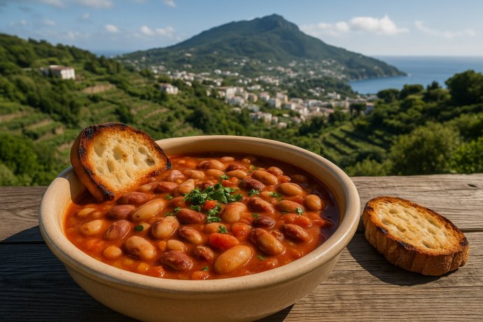 Zuppa ischitana di fagioli zampognari con pane tostato e panorama sul Monte Epomeo