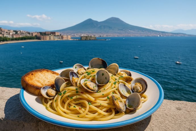 Piatto di spaghetti alle vongole con Vesuvio e mare di Napoli sullo sfondo