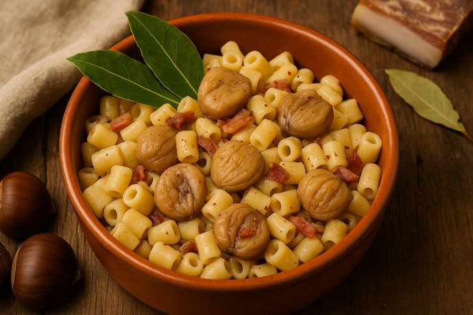 Pasta e castagne campana con pancetta e alloro servita in ciotola di terracotta su tavolo rustico