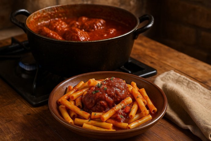 Pentola di ragù napoletano con ziti al sugo rosso e carne della domenica 