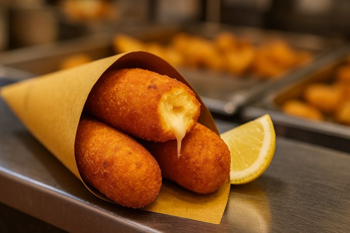 Crocchè di patate napoletani nel cuoppo con provola filante su bancone di friggitoria