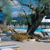 Area piscina con sdraio, ombrelloni blu e alberi intorno.