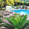 Vista sulla piscina con ombrelloni e vegetazione.